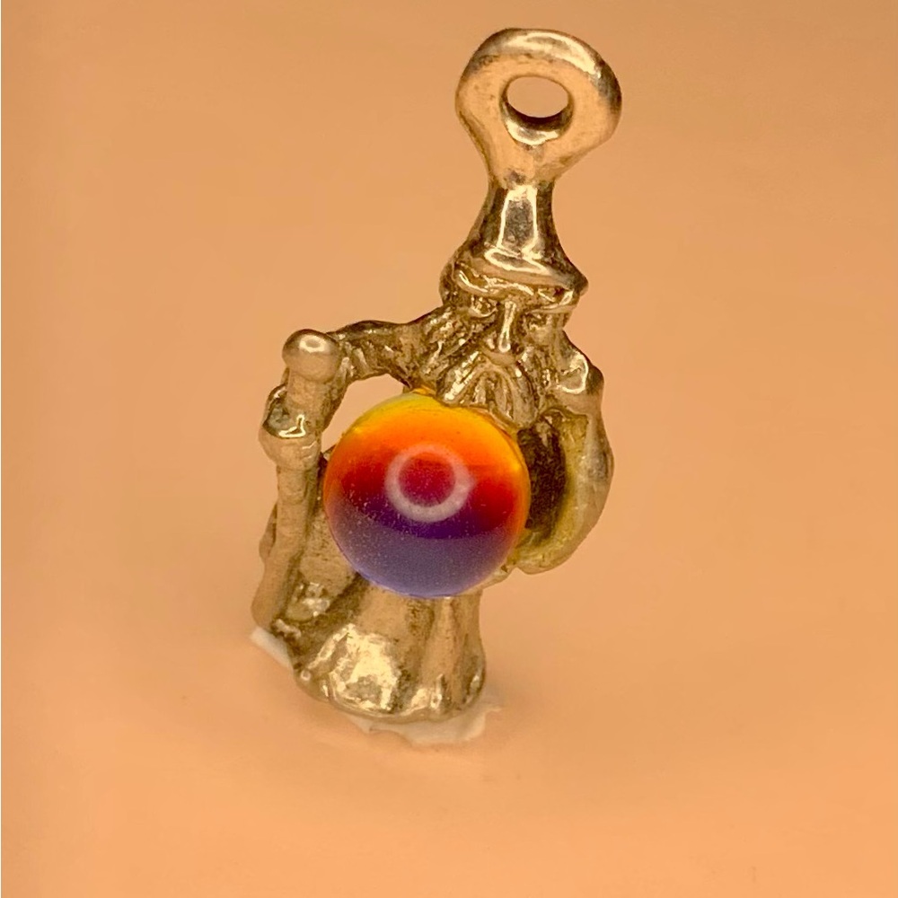 Unique Vintage Silver-tone Wizard Charm Holding a Crystal Orb
